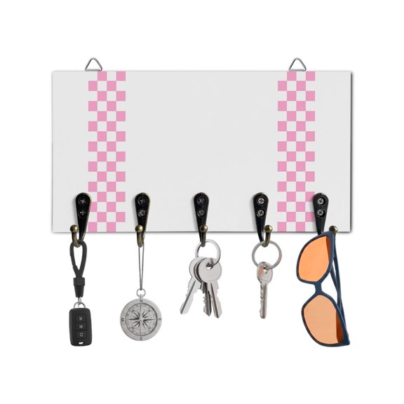 Key Holder for Wall Pink Check Plaid Key Hooks Wood Wall Mounted Key Holder Buffalo Farmhouse Style Pattern Key Rack Organizer with 5 Hooks for Entryway, Hallway Office Bathroom Kitchen Home Decor