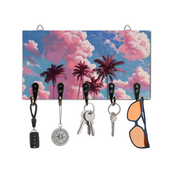 Key Holder for Wall Pink Cloud Palm Tree Key Hooks Wood Wall Mounted Key Holder Blue Sky Tropical Leaves Key Rack Organizer with 5 Hooks for Entryway, Hallway Office Bathroom Kitchen Home Decor
