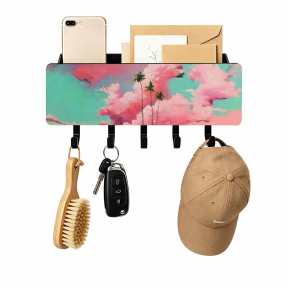 Key Holder for Wall Pink Cloud Palm Tree Key and Mail Holder with Shelf 5 Hooks Storage Key Organizer Teal Sky Tropical Leaves Wood Wall Key Hanger for Entryway Hallway Kitchen Office Home Decor