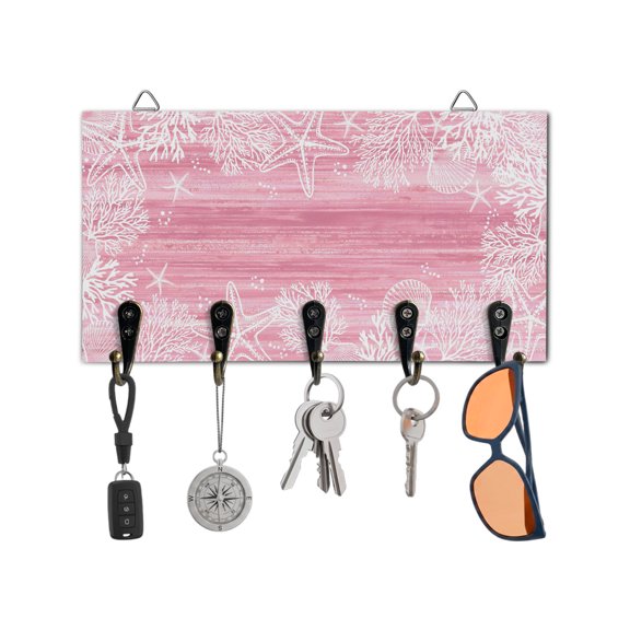 Key Holder for Wall Pink Coral Starfish Key Hooks Wood Wall Mounted Key Holder Summer Ocean Beach Shell Key Rack Organizer with 5 Hooks for Entryway, Hallway Office Bathroom Kitchen Home Decor