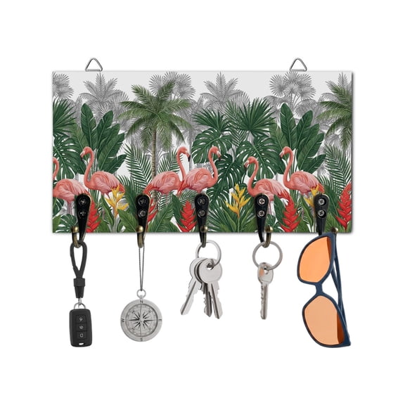 Key Holder for Wall Pink Flamigo Key Hooks Wood Wall Mounted Key Holder Green Tropical Palm Tree Key Rack Organizer with 5 Hooks for Entryway, Hallway Office Bathroom Kitchen Home Decor