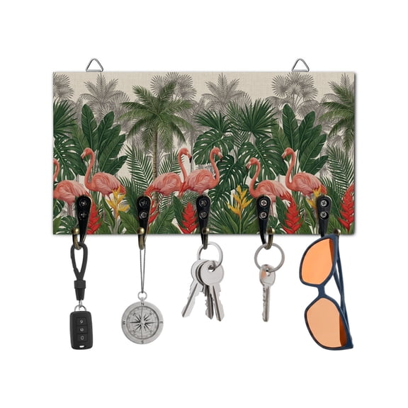 Key Holder for Wall Pink Flamigo Key Hooks Wood Wall Mounted Key Holder Retro Tropical Palm Tree Key Rack Organizer with 5 Hooks for Entryway, Hallway Office Bathroom Kitchen Home Decor