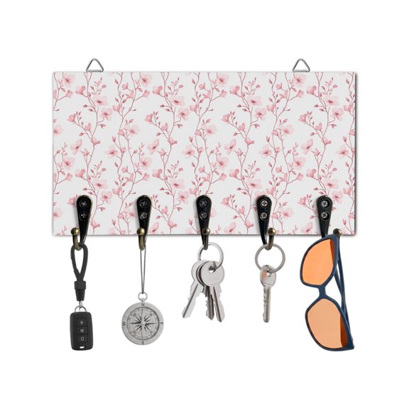 Key Holder for Wall Pink Floral Key Hooks Wood Wall Mounted Key Holder Flower Tree Branch Key Rack Organizer with 5 Hooks for Entryway, Hallway Office Bathroom Kitchen Home Decor