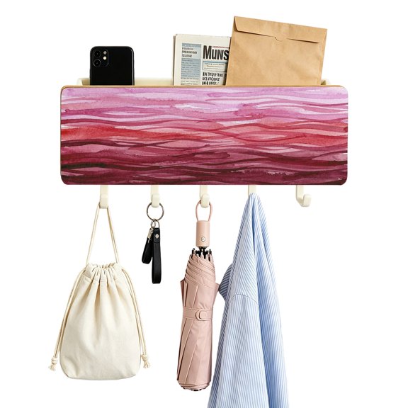 Key Holder for Wall Pink Horizon Clouds Key and Mail Holder with Shelf 5 Hooks Storage Key Organizer Rack Artistic Glow Waves Wood Wall Key Hanger for Entryway Hallway Kitchen Office Home Decor