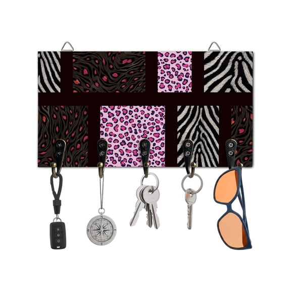Key Holder for Wall Pink Leopard Zebra Print Key Hooks Wood Wall Mounted Key Holder Animal Fur Stripes Key Rack Organizer with 5 Hooks for Entryway, Hallway Office Bathroom Kitchen Home Decor