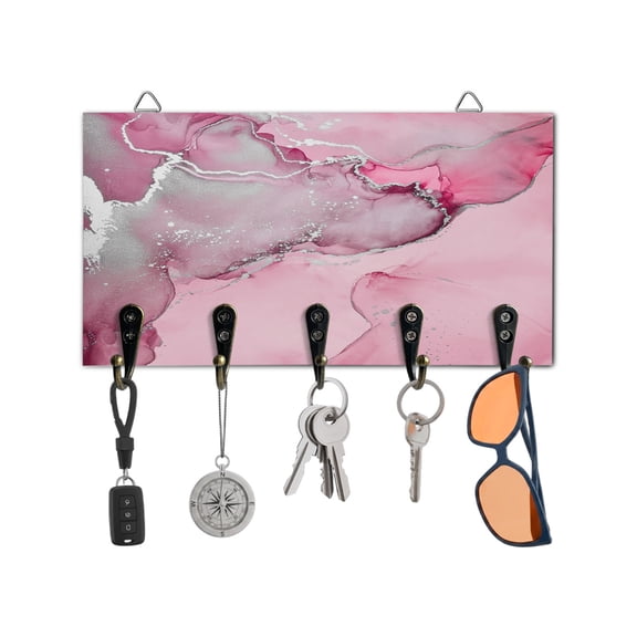 Key Holder for Wall Pink Marble Key Hooks Wood Wall Mounted Key Holder Abstract Waves Cloud Key Rack Organizer with 5 Hooks for Entryway, Hallway Office Bathroom Kitchen Home Decor