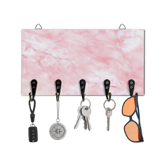 Key Holder for Wall Pink Marble Key Hooks Wood Wall Mounted Key Holder Ombre Abstract Art Key Rack Organizer with 5 Hooks for Entryway, Hallway Office Bathroom Kitchen Home Decor