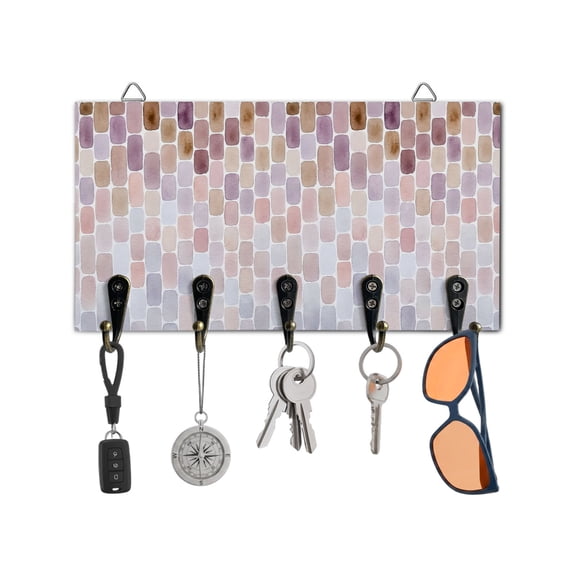 Key Holder for Wall Pink Mosaic Tiles Key Hooks Wood Wall Mounted Key Holder Abstract Gradient Block Key Rack Organizer with 5 Hooks for Entryway, Hallway Office Bathroom Kitchen Home Decor