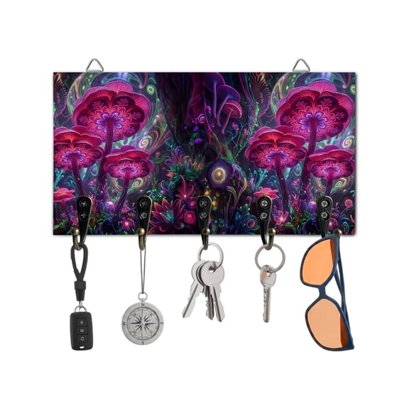 Key Holder for Wall Pink Neon Mushrooms Key Hooks Wood Wall Mounted Key Holder Fantasy Shiny Moon Snails Key Rack Organizer with 5 Hooks for Entryway, Hallway Office Bathroom Kitchen Home Decor