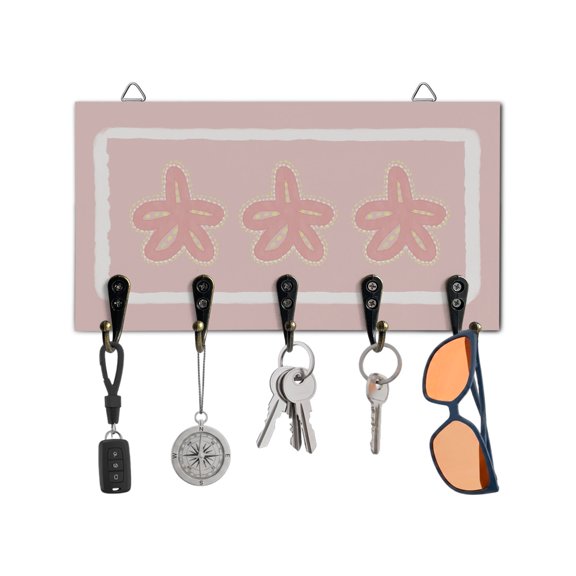 Key Holder for Wall Pink Ocean Starfish Key Hooks Wood Wall Mounted Key Holder Geometric Lines Key Rack Organizer with 5 Hooks for Entryway, Hallway Office Bathroom Kitchen Home Decor