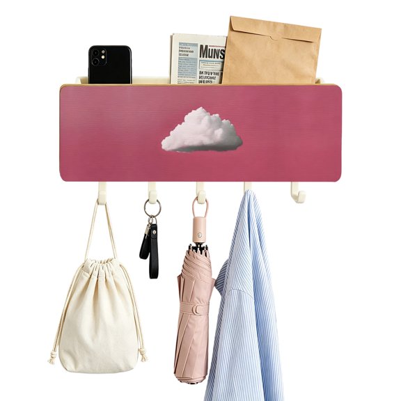 Key Holder for Wall Pink Sky Key and Mail Holder with Shelf 5 Hooks Storage Key Organizer Rack White Cloud Horizon Wood Wall Key Hanger for Entryway Hallway Kitchen Office Home Decor