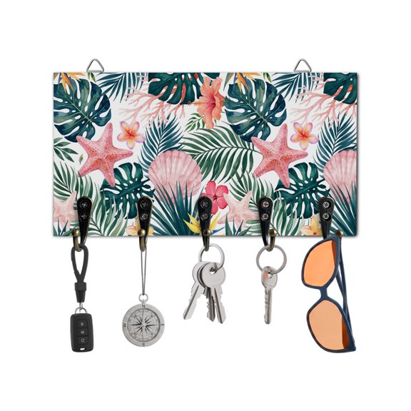 Key Holder for Wall Pink Starfish Shell Key Hooks Wood Wall Mounted Key Holder Summer Tropical Palm Leaves Key Rack Organizer with 5 Hooks for Entryway, Hallway Office Bathroom Kitchen Home Decor