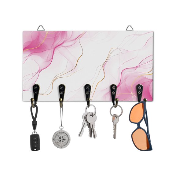 Key Holder for Wall Pink Water Ripple Key Hooks Wood Wall Mounted Key Holder Marble Modern Art Key Rack Organizer with 5 Hooks for Entryway, Hallway Office Bathroom Kitchen Home Decor