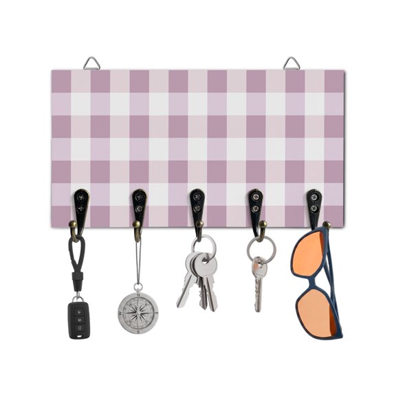 Key Holder for Wall Pink White Buffalo Plaid Key Hooks Wood Wall Mounted Key Holder Classic Checked Key Rack Organizer with 5 Hooks for Entryway, Hallway Office Bathroom Kitchen Home Decor
