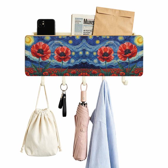 Key Holder for Wall Poppy Flower Key and Mail Holder with Shelf 5 Hooks Storage Key Organizer Rack Star Moon Clouds Starry Sky Wood Wall Key Hanger for Entryway Hallway Kitchen Office Home Decor