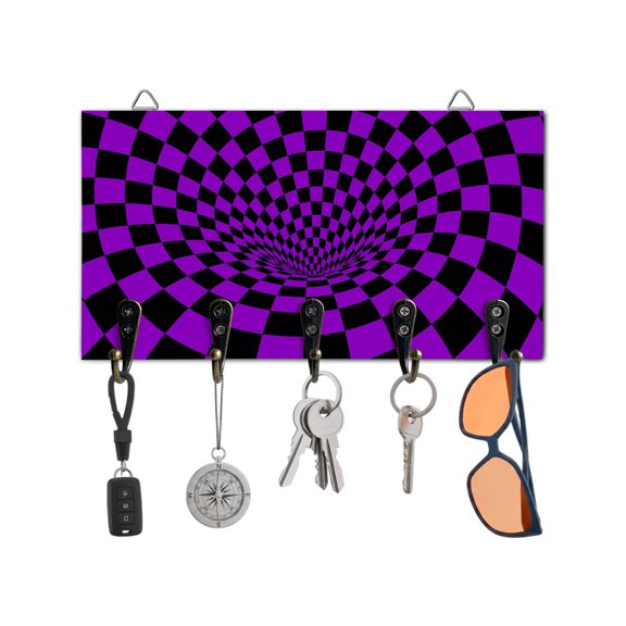 Key Holder for Wall Purple Black Checker Key Hooks Wood Wall Mounted Key Holder 3D Abstract Mosaic Tiles Key Rack Organizer with 5 Hooks for Entryway, Hallway Office Bathroom Kitchen Home Decor