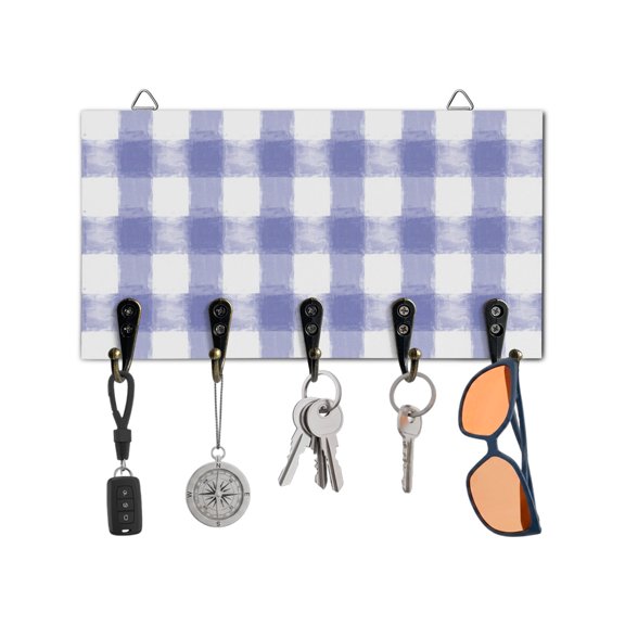 Key Holder for Wall Purple Buffalo Check Key Hooks Wood Wall Mounted Key Holder Watercolor Purple Plaid Key Rack Organizer with 5 Hooks for Entryway, Hallway Office Bathroom Kitchen Home Decor