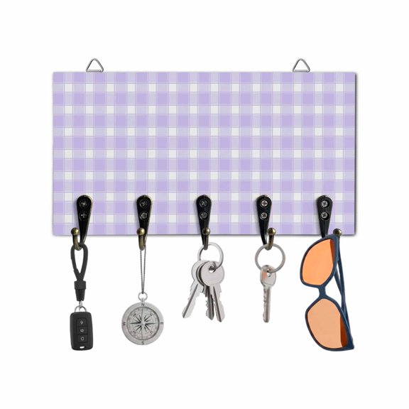 Key Holder for Wall Purple Buffalo Plaid Key Hooks Wood Wall Mounted Key Holder Classic Checked Grid Key Rack Organizer with 5 Hooks for Entryway, Hallway Office Bathroom Kitchen Home Decor