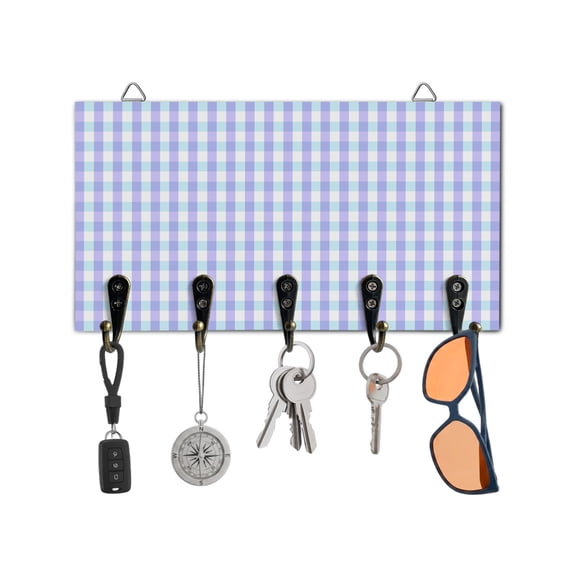 Key Holder for Wall Purple Buffalo Plaid Key Hooks Wood Wall Mounted Key Holder Classic Checked Key Rack Organizer with 5 Hooks for Entryway, Hallway Office Bathroom Kitchen Home Decor