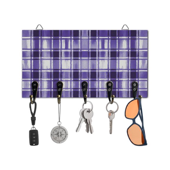 Key Holder for Wall Purple Buffalo Plaid Key Hooks Wood Wall Mounted Key Holder Watercolor Check Stripes Key Rack Organizer with 5 Hooks for Entryway, Hallway Office Bathroom Kitchen Home Decor