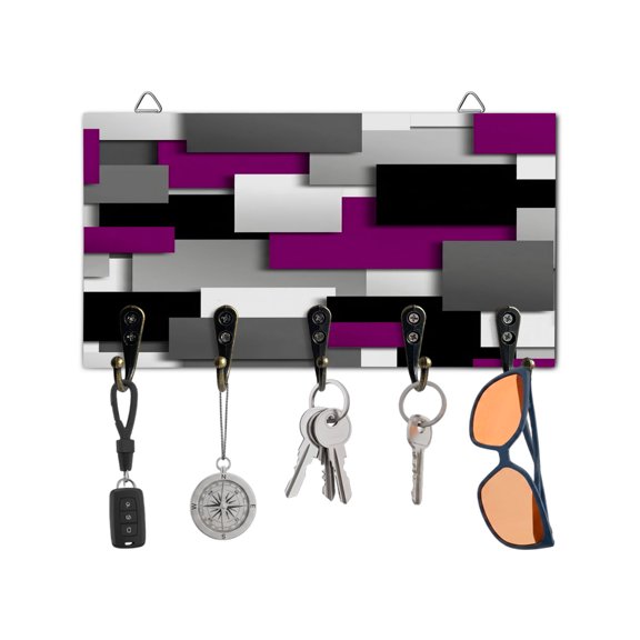Key Holder for Wall Purple Geometric Key Hooks Wood Wall Mounted Key Holder Modern Abstract Checkered Key Rack Organizer with 5 Hooks for Entryway, Hallway Office Bathroom Kitchen Home Decor