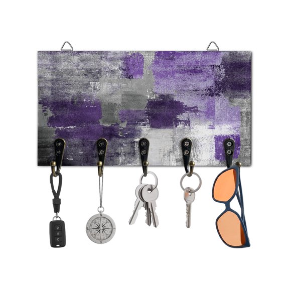 Key Holder for Wall Purple Gray Block Key Hooks Wood Wall Mounted Key Holder Modern Abstract Art Key Rack Organizer with 5 Hooks for Entryway, Hallway Office Bathroom Kitchen Home Decor