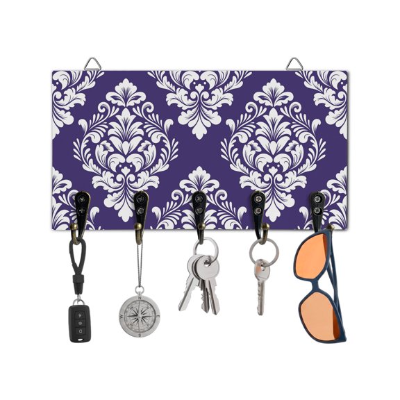 Key Holder for Wall Purple Luxurious Floral Key Hooks Wood Wall Mounted Key Holder Classic Abstract Art Key Rack Organizer with 5 Hooks for Entryway, Hallway Office Bathroom Kitchen Home Decor