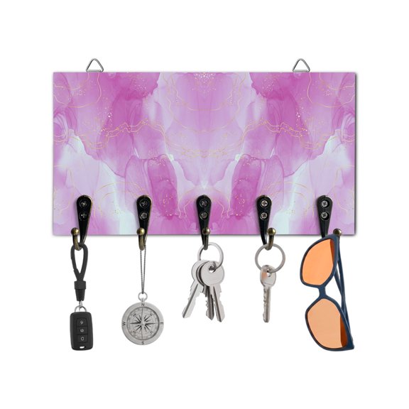 Key Holder for Wall Purple Marble Key Hooks Wood Wall Mounted Key Holder Abstract Geometric Modern Ombre Key Rack Organizer with 5 Hooks for Entryway, Hallway Office Bathroom Kitchen Home Decor