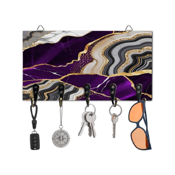 Key Holder for Wall Purple Marble Texture Key Hooks Wood Wall Mounted Key Holder Abstract Gold Fluid Key Rack Organizer with 5 Hooks for Entryway, Hallway Office Bathroom Kitchen Home Decor
