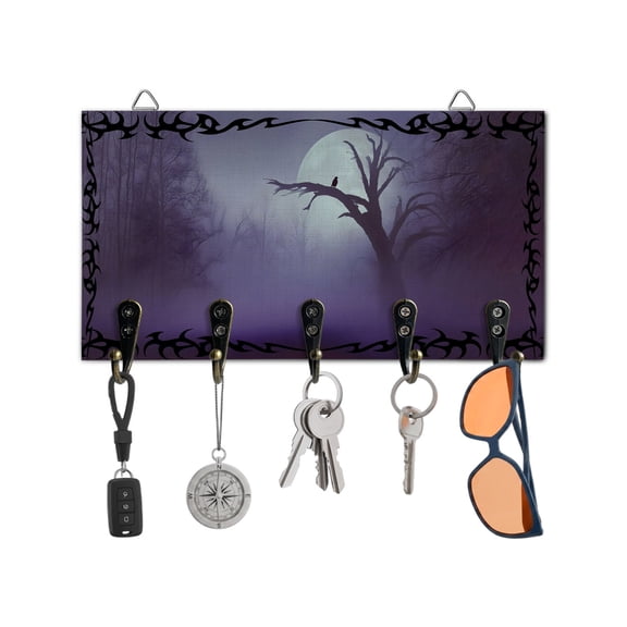 Key Holder for Wall Purple Misty Forest Key Hooks Wood Wall Mounted Key Holder Moon Crow Bare Tree Key Rack Organizer with 5 Hooks for Entryway, Hallway Office Bathroom Kitchen Home Decor