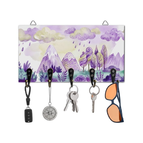 Key Holder for Wall Purple Could Rain Drop Key Hooks Wood Wall Mounted Key Holder Forest Tree Mountain Key Rack Organizer with 5 Hooks for Entryway, Hallway Office Bathroom Kitchen Home Decor