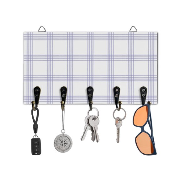 Key Holder for Wall Purple Stripes Key Hooks Wood Wall Mounted Key Holder Striped Buffalo Checked Plaid Key Rack Organizer with 5 Hooks for Entryway, Hallway Office Bathroom Kitchen Home Decor