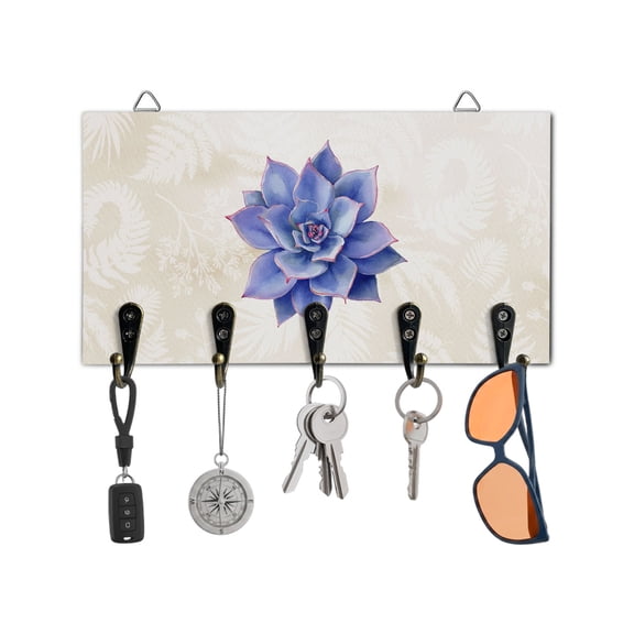 Key Holder for Wall Purple Succulent Key Hooks Wood Wall Mounted Key Holder Green Leaves Ferns Plants Key Rack Organizer with 5 Hooks for Entryway, Hallway Office Bathroom Kitchen Home Decor