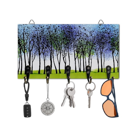 Key Holder for Wall Purple Woodland Key Hooks Wood Wall Mounted Key Holder Tree Forest Painting Key Rack Organizer with 5 Hooks for Entryway, Hallway Office Bathroom Kitchen Home Decor