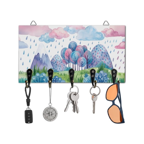 Key Holder for Wall Rain Drop Could Key Hooks Wood Wall Mounted Key Holder Forest Tree Mountain Grassland Key Rack Organizer with 5 Hooks for Entryway, Hallway Office Bathroom Kitchen Home Decor
