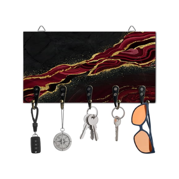 Key Holder for Wall Red Abstract Marble Key Hooks Wood Wall Mounted Key Holder Black Malachite Gold Veins Key Rack Organizer with 5 Hooks for Entryway, Hallway Office Bathroom Kitchen Home Decor