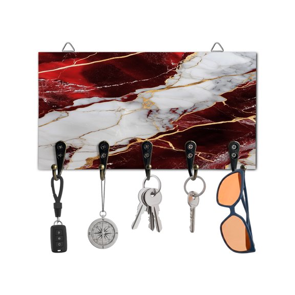 Key Holder for Wall Red Abstract Marble Key Hooks Wood Wall Mounted Key Holder Gold White Modern Key Rack Organizer with 5 Hooks for Entryway, Hallway Office Bathroom Kitchen Home Decor
