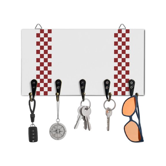 Key Holder for Wall Red Check Plaid Key Hooks Wood Wall Mounted Key Holder Buffalo Farmhouse Style Pattern Key Rack Organizer with 5 Hooks for Entryway, Hallway Office Bathroom Kitchen Home Decor