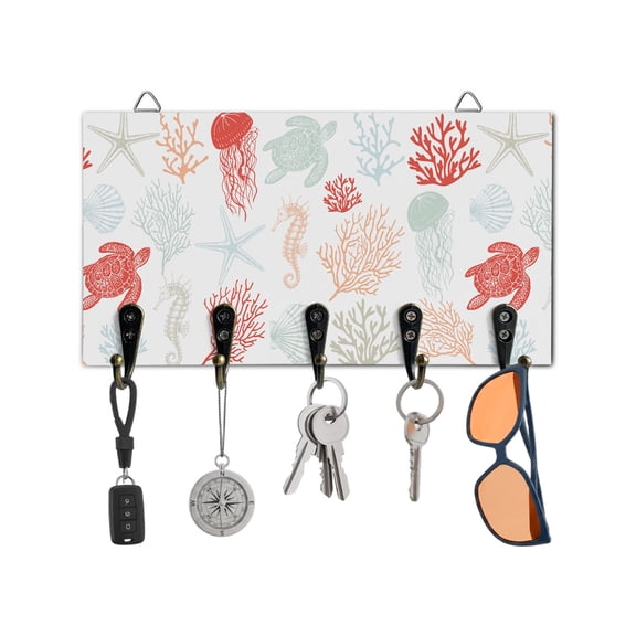Key Holder for Wall Red Coral Turtles Starfish Jellyfish Shells Key Hooks Wood Wall Mounted Key Holder Sea Creature Key Rack Organizer with 5 Hooks for Entryway, Hallway Bathroom Kitchen Decor