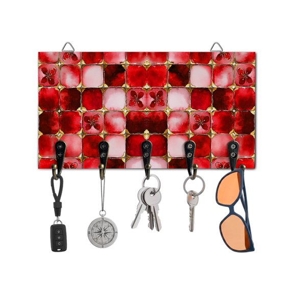 Key Holder for Wall Red Floral Leaves Key Hooks Wood Wall Mounted Key Holder Ethnic Style Lattice Key Rack Organizer with 5 Hooks for Entryway, Hallway Office Bathroom Kitchen Home Decor