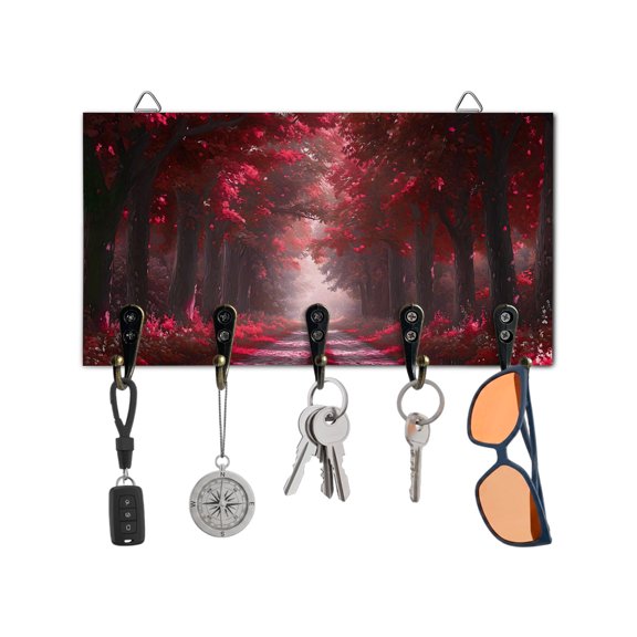 Key Holder for Wall Red Forest Key Hooks Wood Wall Mounted Key Holder Nature Tree Woods Key Rack Organizer with 5 Hooks for Entryway, Hallway Office Bathroom Kitchen Home Decor