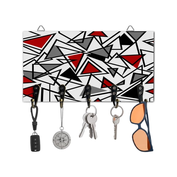 Key Holder for Wall Red Grey Geometric Key Hooks Wood Wall Mounted Key Holder Triangle Modern Art Key Rack Organizer with 5 Hooks for Entryway, Hallway Office Bathroom Kitchen Home Decor