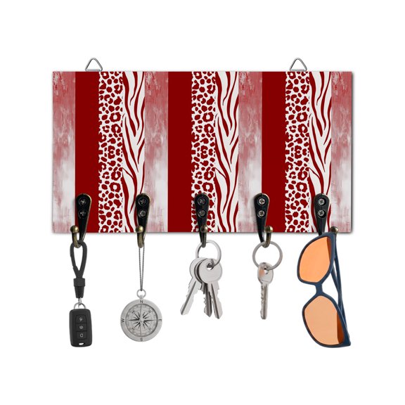 Key Holder for Wall Red Leopard Zebra Stripes Key Hooks Wood Wall Mounted Key Holder Abstract Collage Key Rack Organizer with 5 Hooks for Entryway, Hallway Office Bathroom Kitchen Home Decor