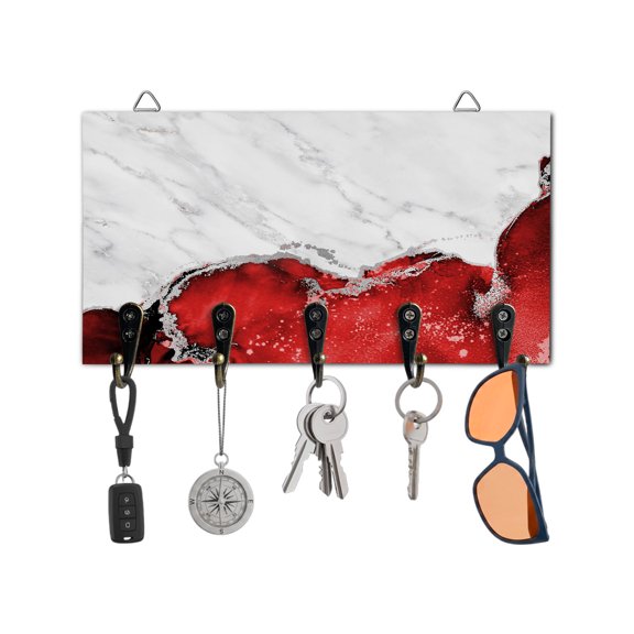 Key Holder for Wall Red Marble Key Hooks Wood Wall Mounted Key Holder White Modern Abstract Art Luxury Fluid Key Rack Organizer with 5 Hooks for Entryway, Hallway Office Bathroom Kitchen Home Decor