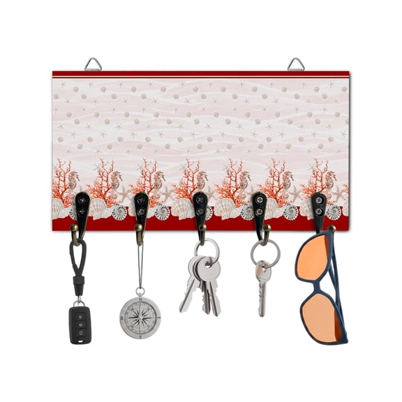 Key Holder for Wall Red Starfish Key Hooks Wood Wall Mounted Key Holder Coral Shell Marine Life Key Rack Organizer with 5 Hooks for Entryway, Hallway Office Bathroom Kitchen Home Decor