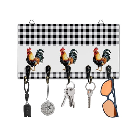 Key Holder for Wall Rooster Key Hooks Wood Wall Mounted Key Holder Farm Animal Black Plaid Key Rack Organizer with 5 Hooks for Entryway, Hallway Office Bathroom Kitchen Home Decor