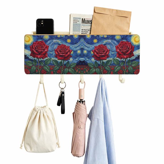 Key Holder for Wall Rose Flower Key and Mail Holder with Shelf 5 Hooks Storage Key Organizer Rack Star Moon Clouds Starry Sky Wood Wall Key Hanger for Entryway Hallway Kitchen Office Home Decor