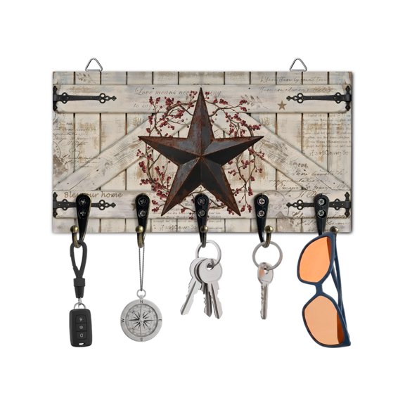 Key Holder for Wall Rusty Barn Star Doors Key Hooks Wood Wall Mounted Key Holder Berry Retro Rustic Walls Key Rack Organizer with 5 Hooks for Entryway, Hallway Office Bathroom Kitchen Home Decor