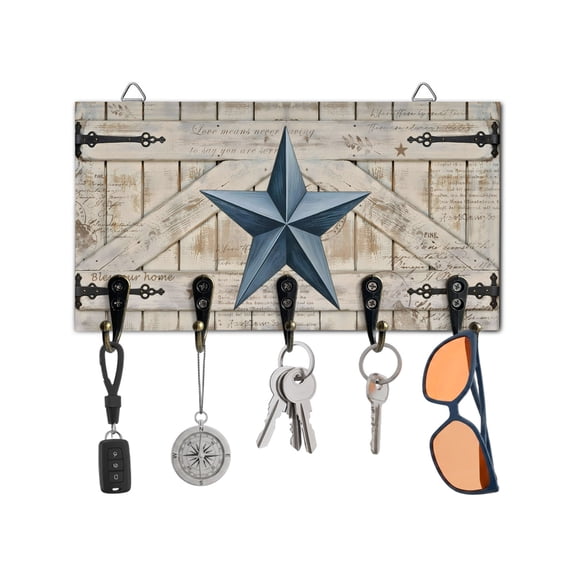Key Holder for Wall Rusty Barn Star Doors Key Hooks Wood Wall Mounted Key Holder Blue Retro Rustic Walls Key Rack Organizer with 5 Hooks for Entryway, Hallway Office Bathroom Kitchen Home Decor