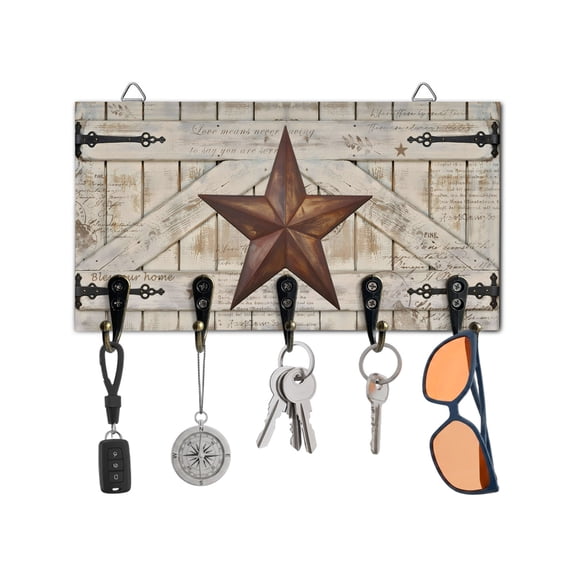 Key Holder for Wall Rusty Barn Star Doors Key Hooks Wood Wall Mounted Key Holder Brown Retro Rustic Walls Key Rack Organizer with 5 Hooks for Entryway, Hallway Office Bathroom Kitchen Home Decor